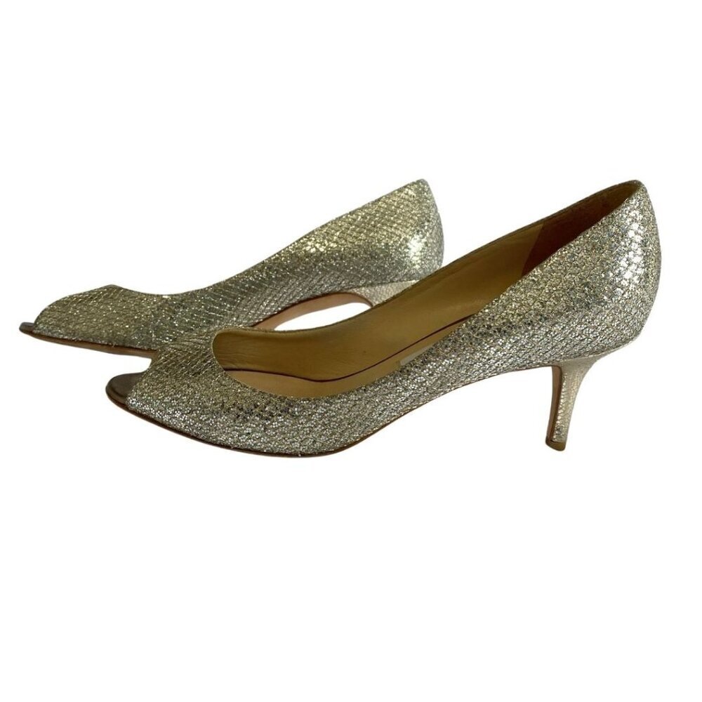 Jimmy Choo Gold Glitter Peep-Toe Kitten Heels